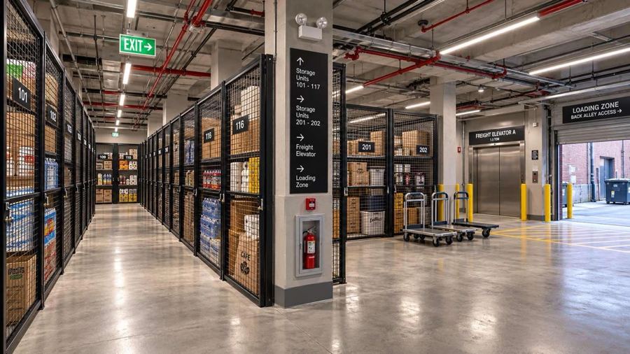 Storage concept featuring metal mesh units, shelving, and a loading area
